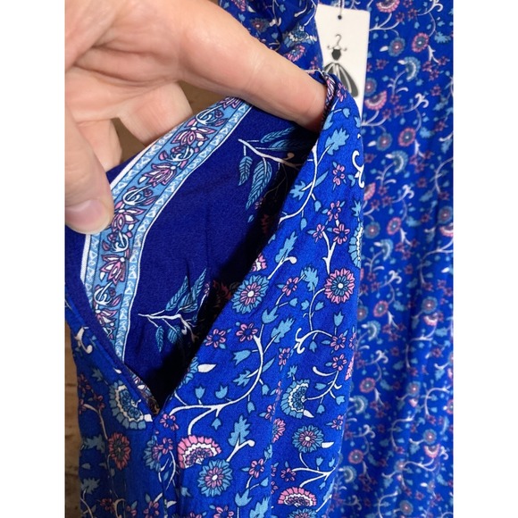 Angashion Peasant Midi Dress Women Medium Cobalt Ditsy Micro Floral Pockets Boho - Picture 14 of 14